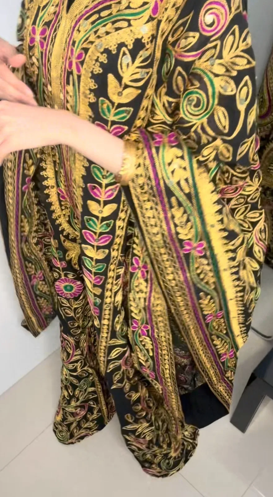 Black thob with gold floral embroidery