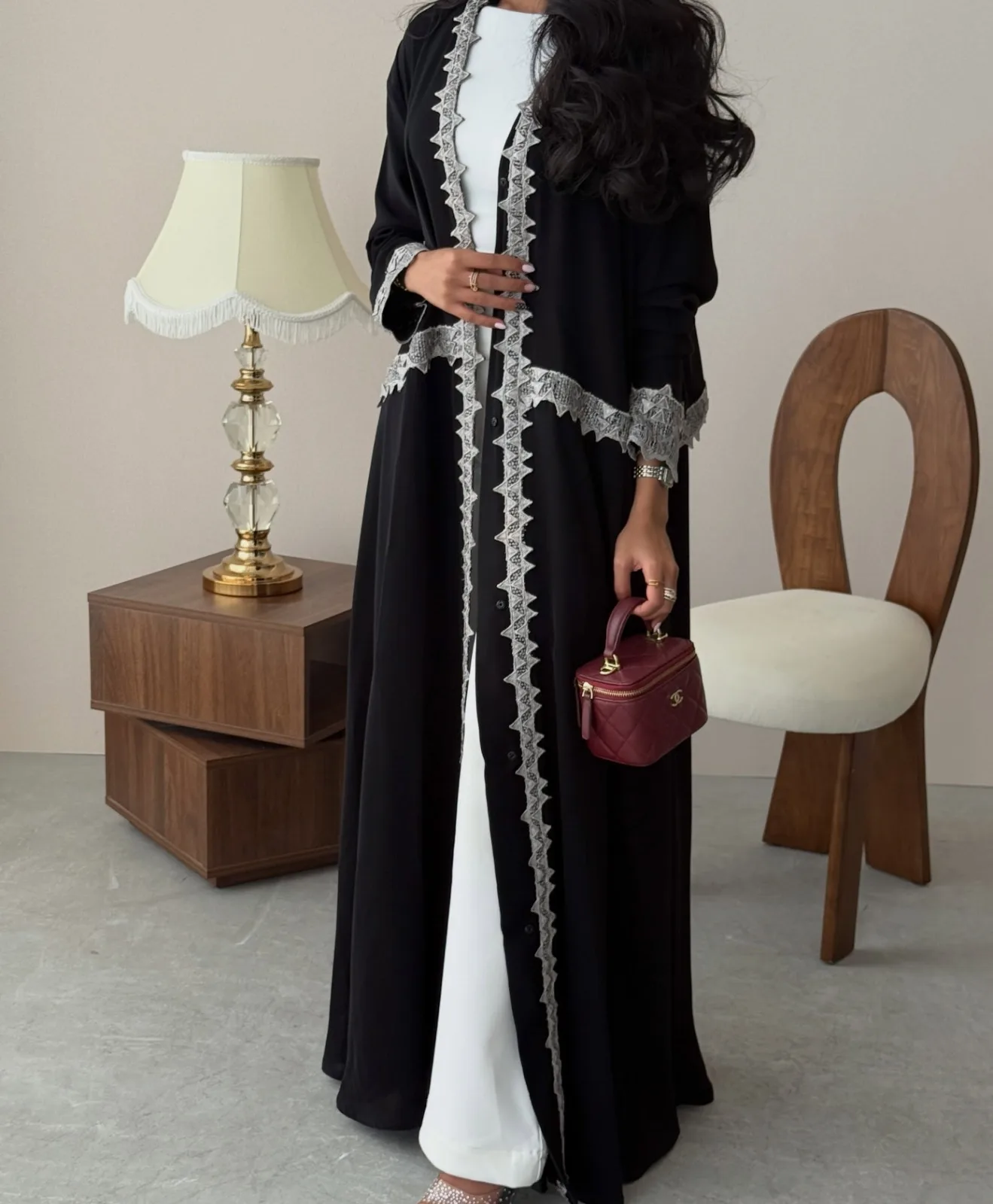 Black royal crepe cloche abaya with silver crystal kalfa
