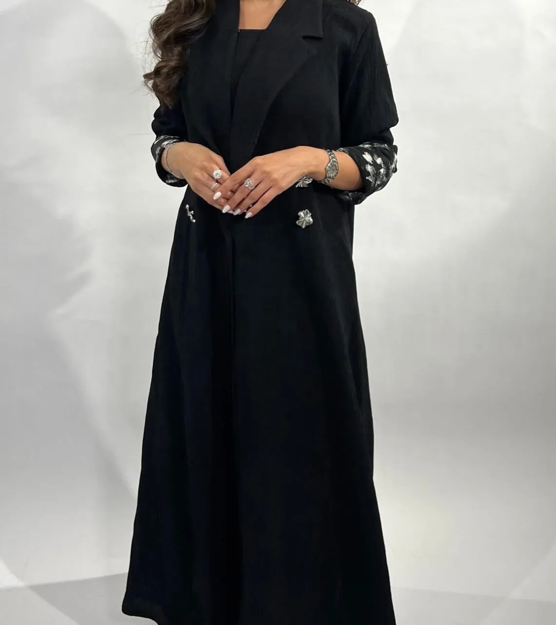 Black blazer abaya with floral embroidered back panel