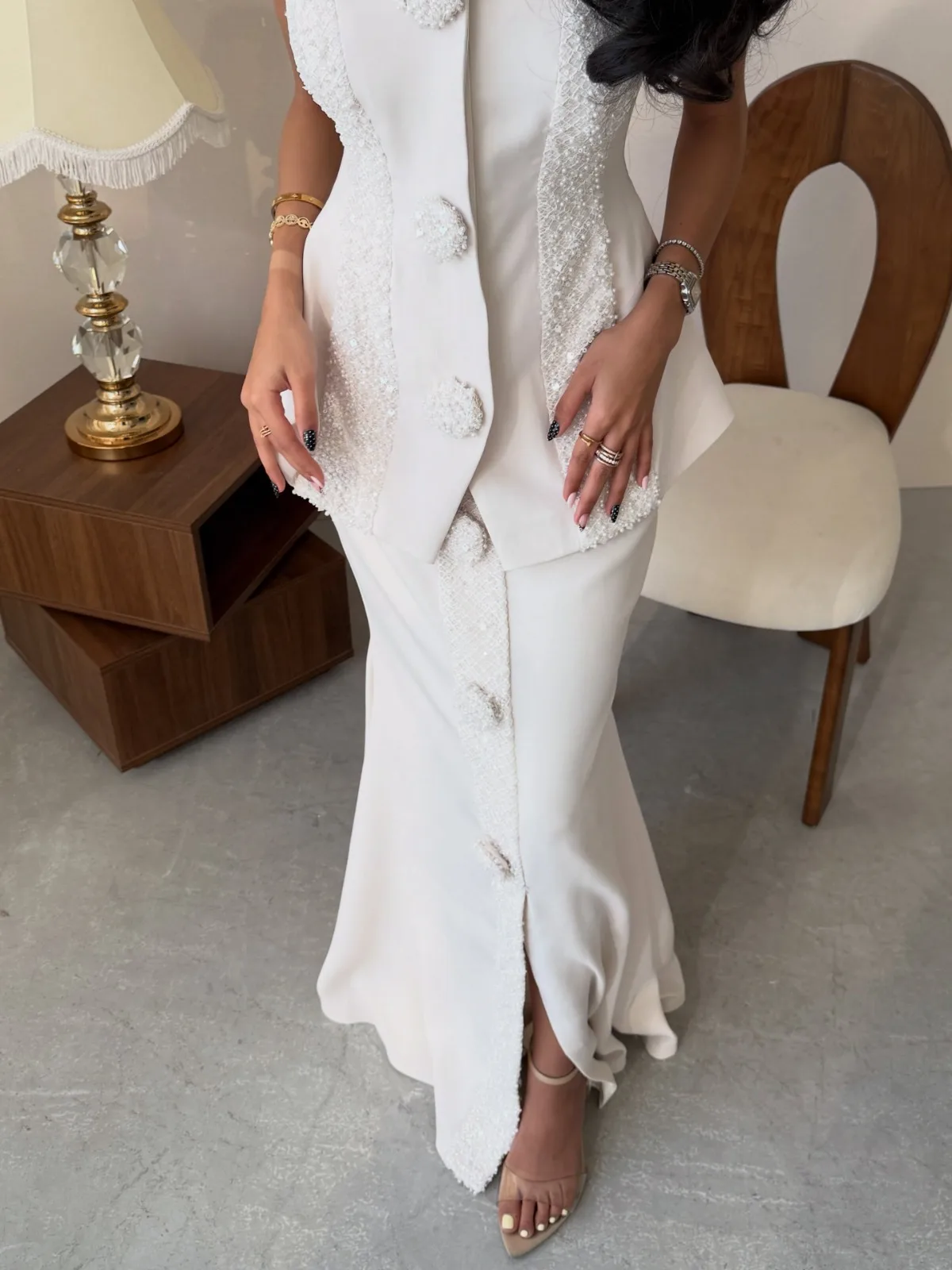 White two-piece with lace, hand embroidery, crystals and pearls