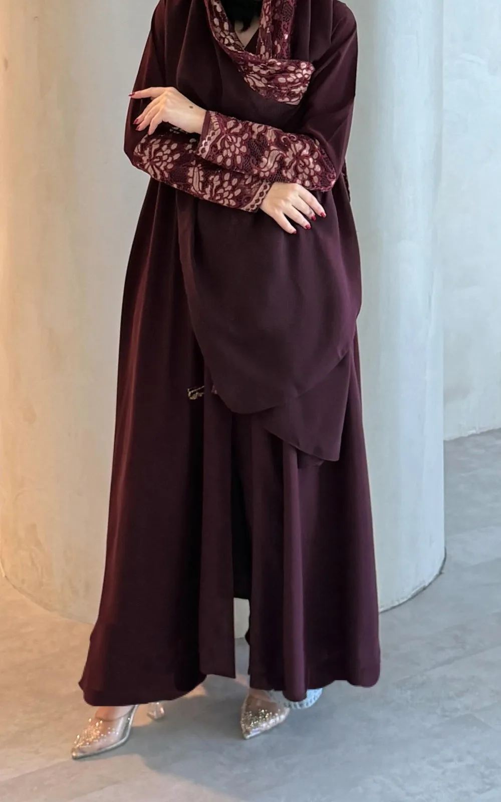 Maroon Almas abaya with French lace