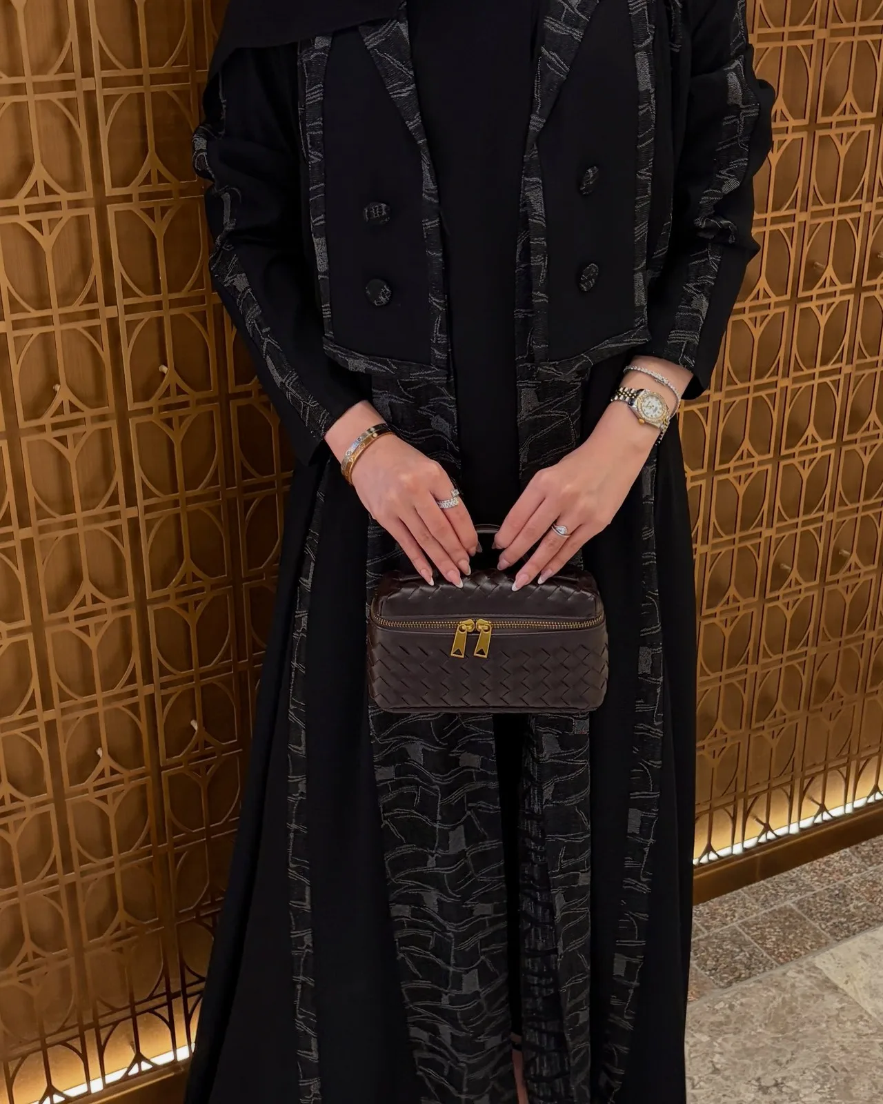 Black abaya with jacquard panels
