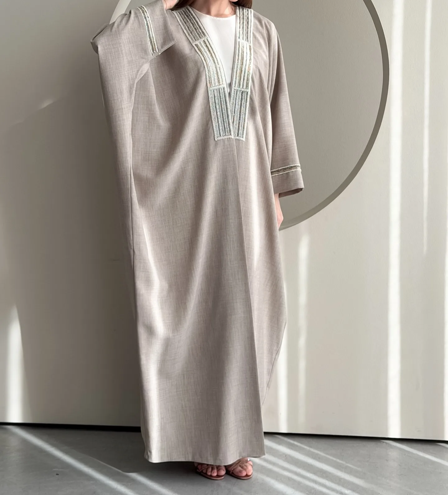 Beige-grey bisht abaya with handwork