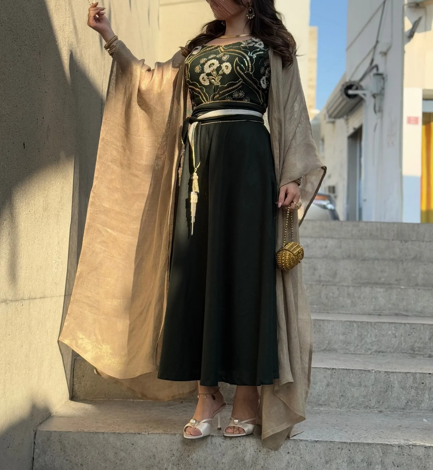 Ramadan '25 green embroidered dress with linen abaya